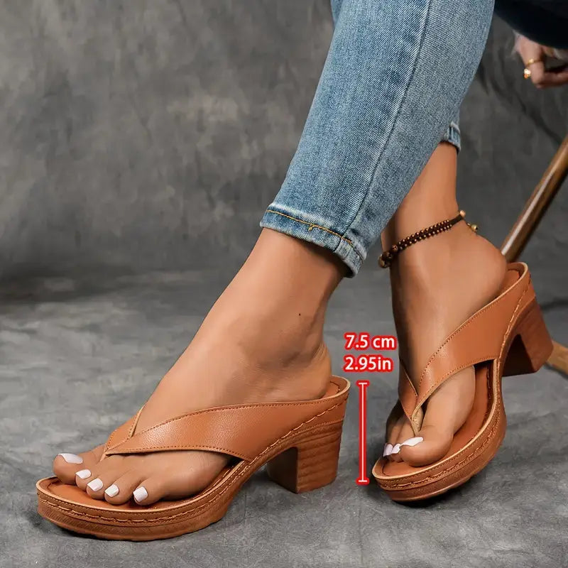Momount Women Heeled Thong Sandals – Leather Block Heel Toe-Post Cushioned Footbed
