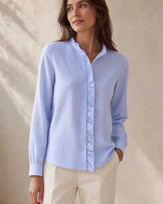 Women's light blue ruffle-trim blouse, front product view.