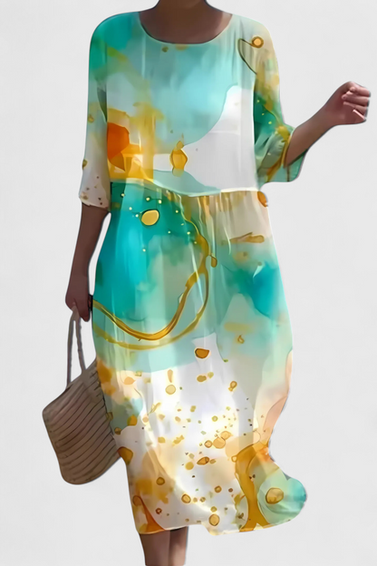 Momount Women’s Floral Midi Dress – 3/4 Sleeve Loose Fit Casual Summer Beach Dress