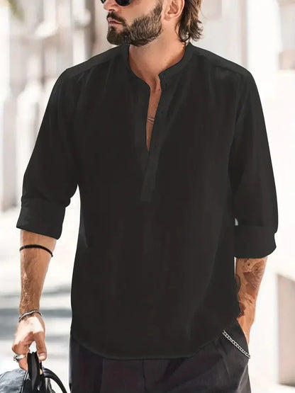 Momount Men Linen Henley Shirt – Long Sleeve Stand Collar Summer