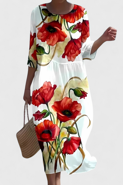 Momount Women’s Floral Midi Dress – 3/4 Sleeve Loose Fit Casual Summer Beach Dress