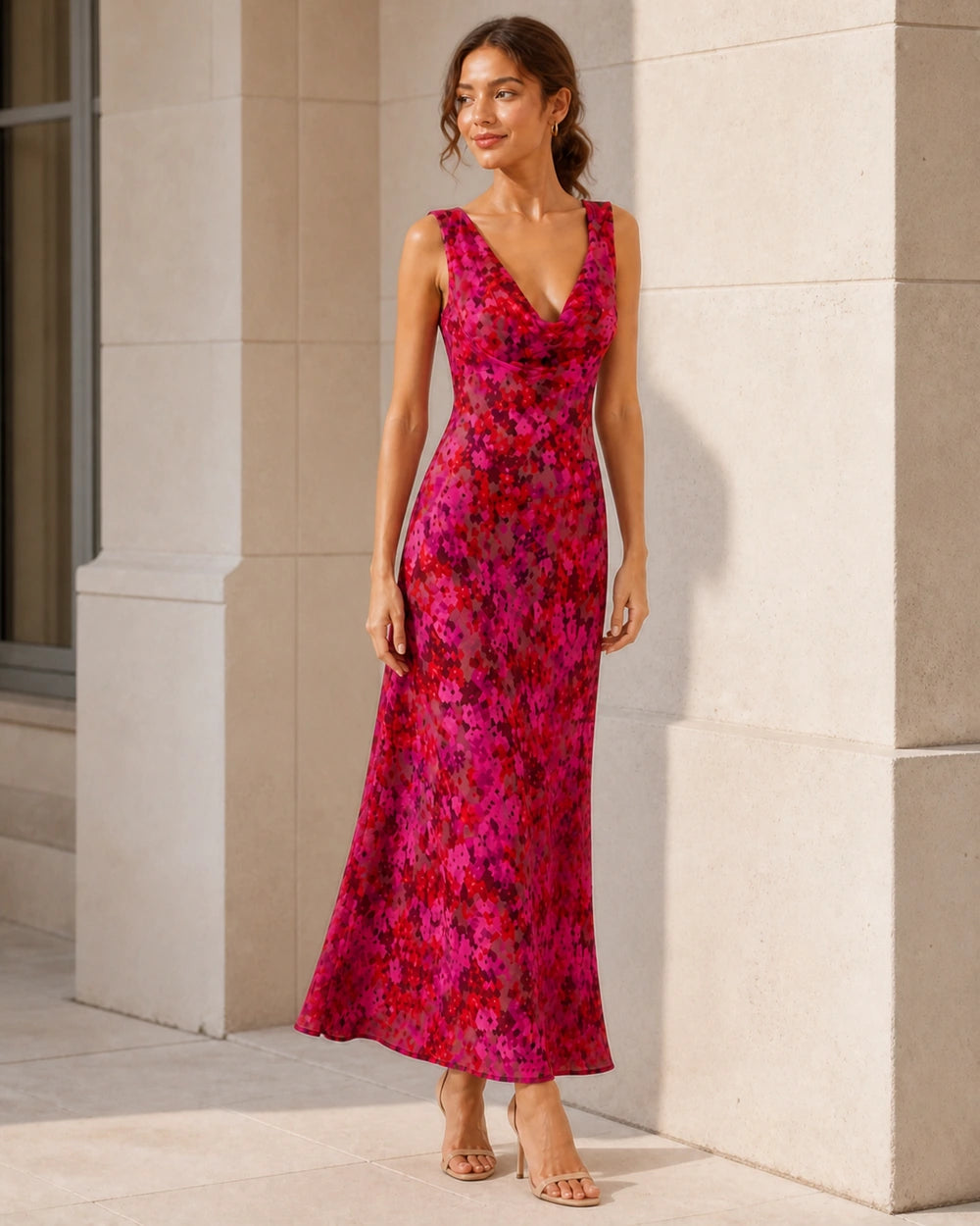 Women's pink floral sleeveless cowl-neck bias-cut maxi dress, evening lifestyle view.