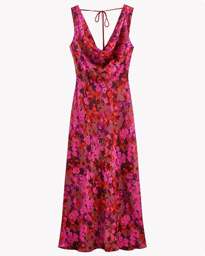 Women's pink floral sleeveless cowl-neck bias-cut maxi dress, product-only full-length view.