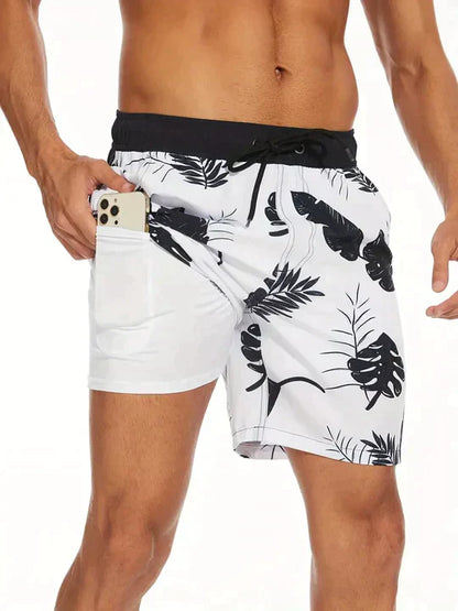 Momount Men Swim Shorts – Palm Print Compression Liner Quick Dry Mid