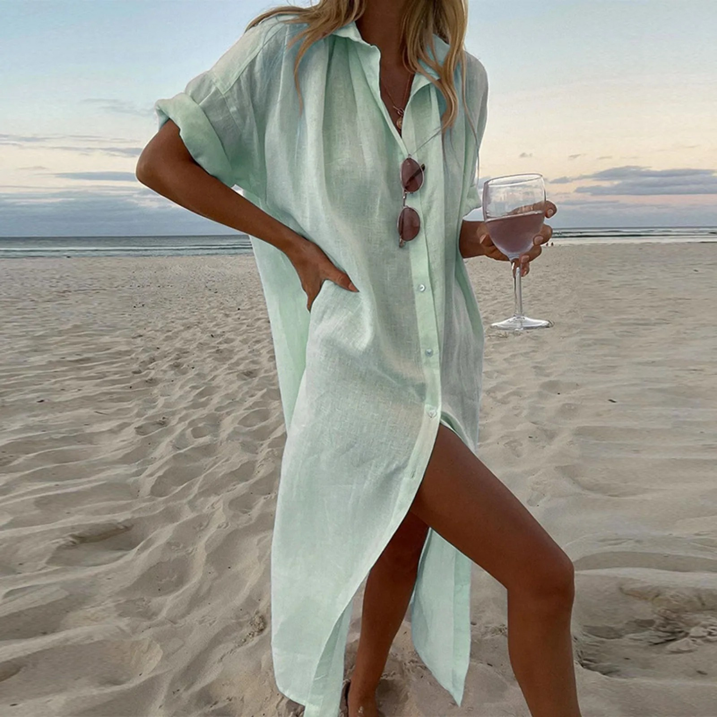 Esmeralda | Gombos len nyári strand maxi ruha | Momount