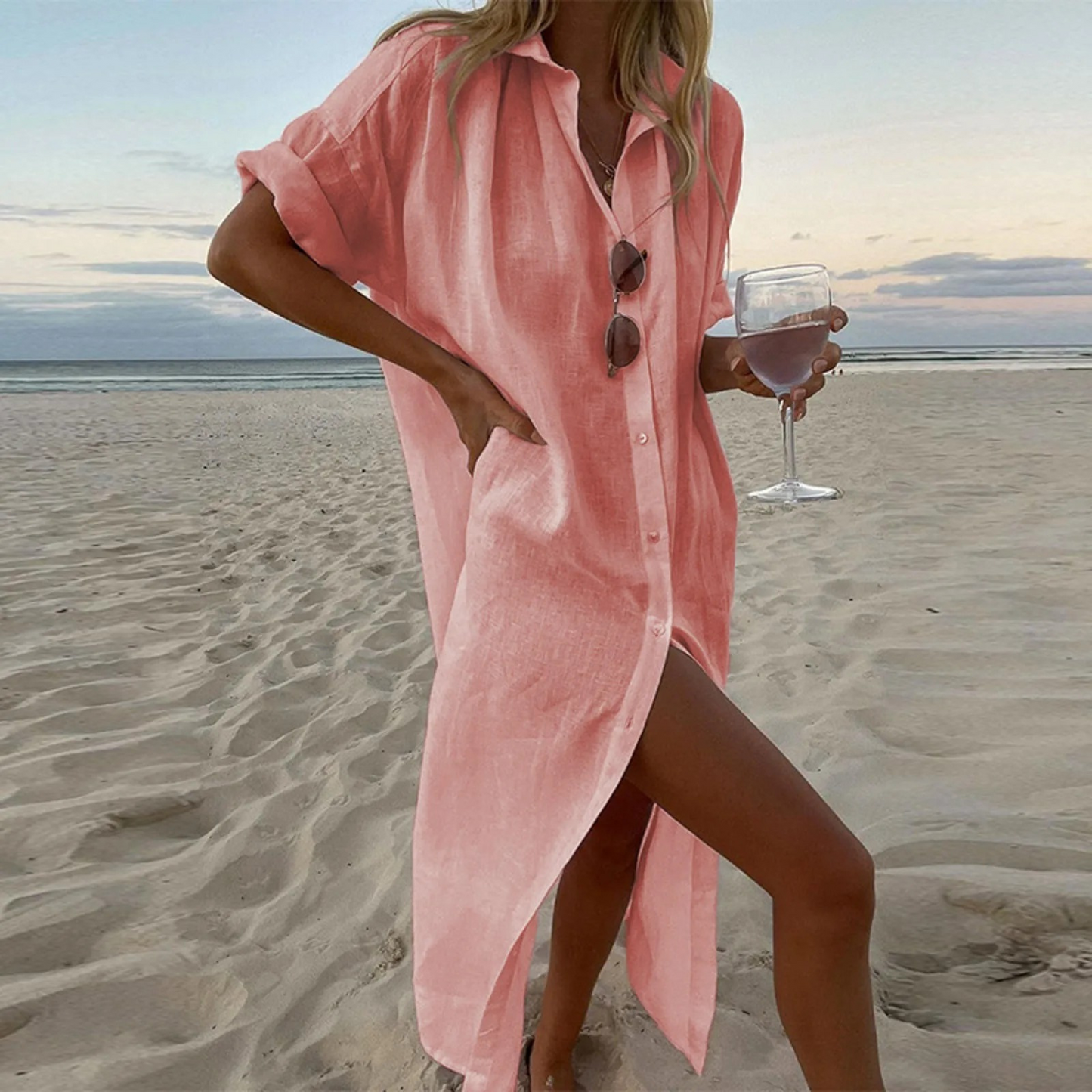 Esmeralda | Gombos len nyári strand maxi ruha | Momount