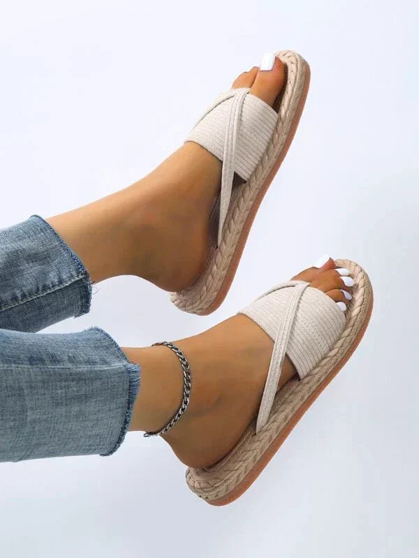 Momount Women Espadrille Sandals – Woven Jute Toe-Ring Flat Slide