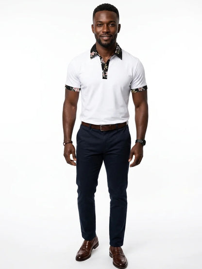 Momount Men Polo Shirt – Floral Contrast Collar Cuffs Short Sleeve - White - front