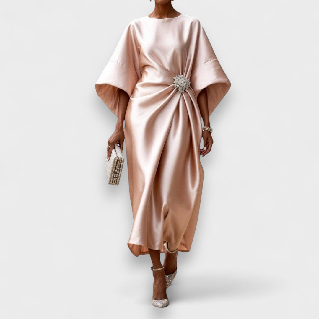 Momount Women’s Satin Midi Dress – Draped Batwing Elegant