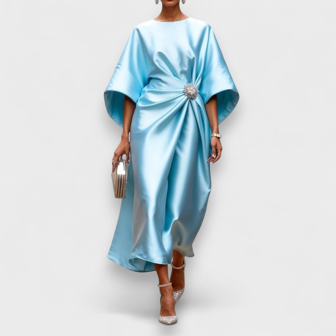 Momount Women’s Satin Midi Dress – Draped Batwing Elegant