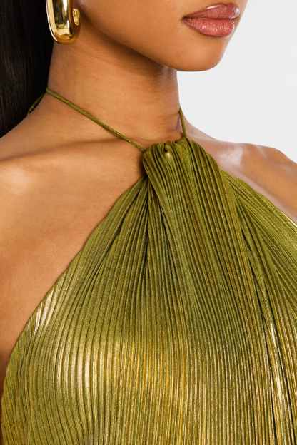 Evangelia | Elegant Metallic Pleated Halter Summer Maxi Dress