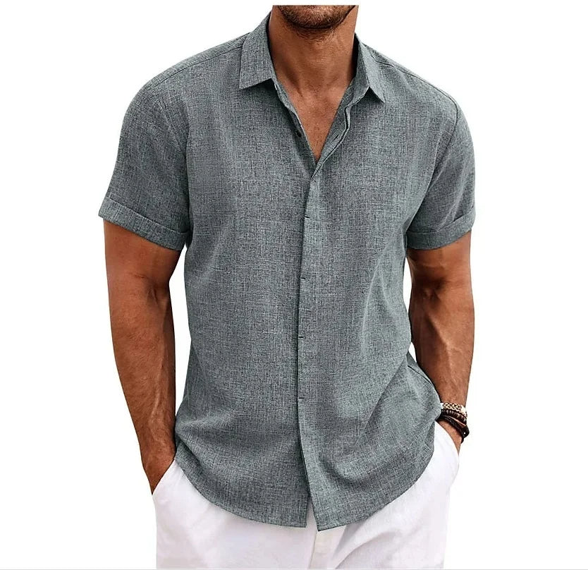 Momount Men Cotton Linen Shirt – Short Sleeve Button Up Casual