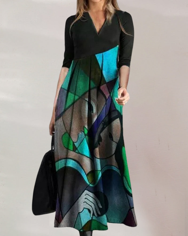 Cassellia | Abstract Print V-Neck A-Line Maxi Dress | Summer Momount