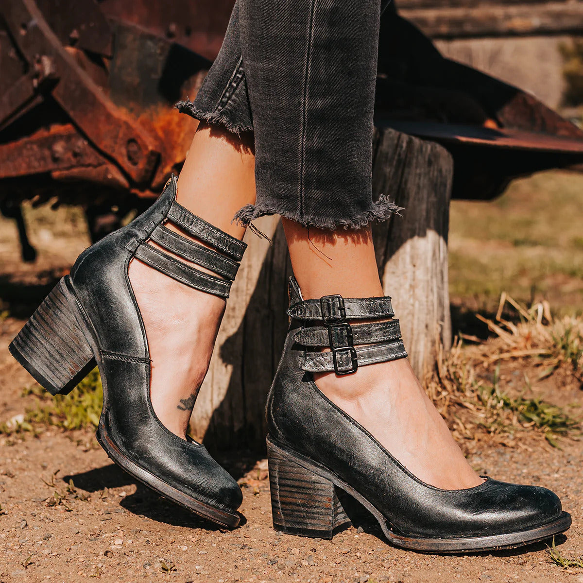 Evadne | Western Buckle Leather Block Heel Boots