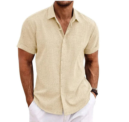 Momount Men Cotton Linen Shirt – Short Sleeve Button Up Casual