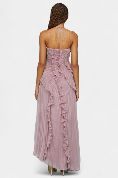 High-Low Pleated Halter Maxi Dress with Cascading Ruffles | Wedding Guest & Summer Party