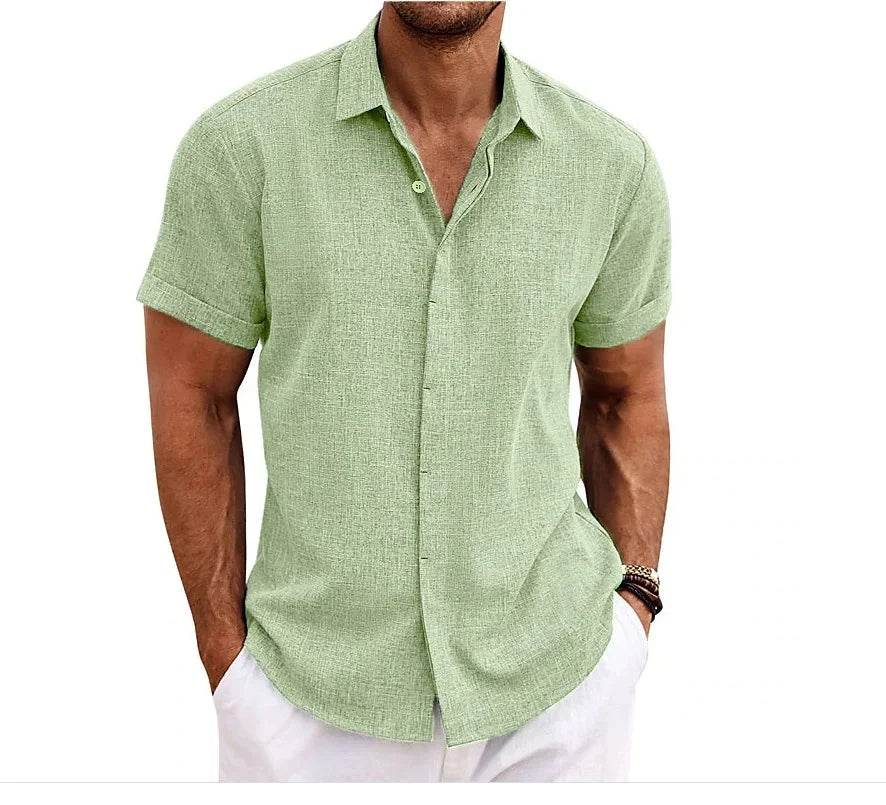 Momount Men Cotton Linen Shirt – Short Sleeve Button Up Casual
