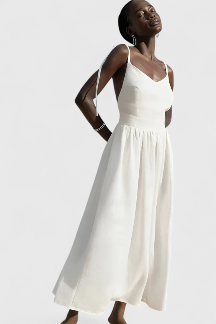 Momount Women’s Summer Midi Dress – Strappy Tie Shoulder A-line Flowy Beach Dress