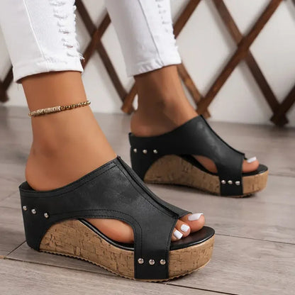 Momount Women Platform Wedge Sandals – Black Cork Peep-Toe Mule Studded
