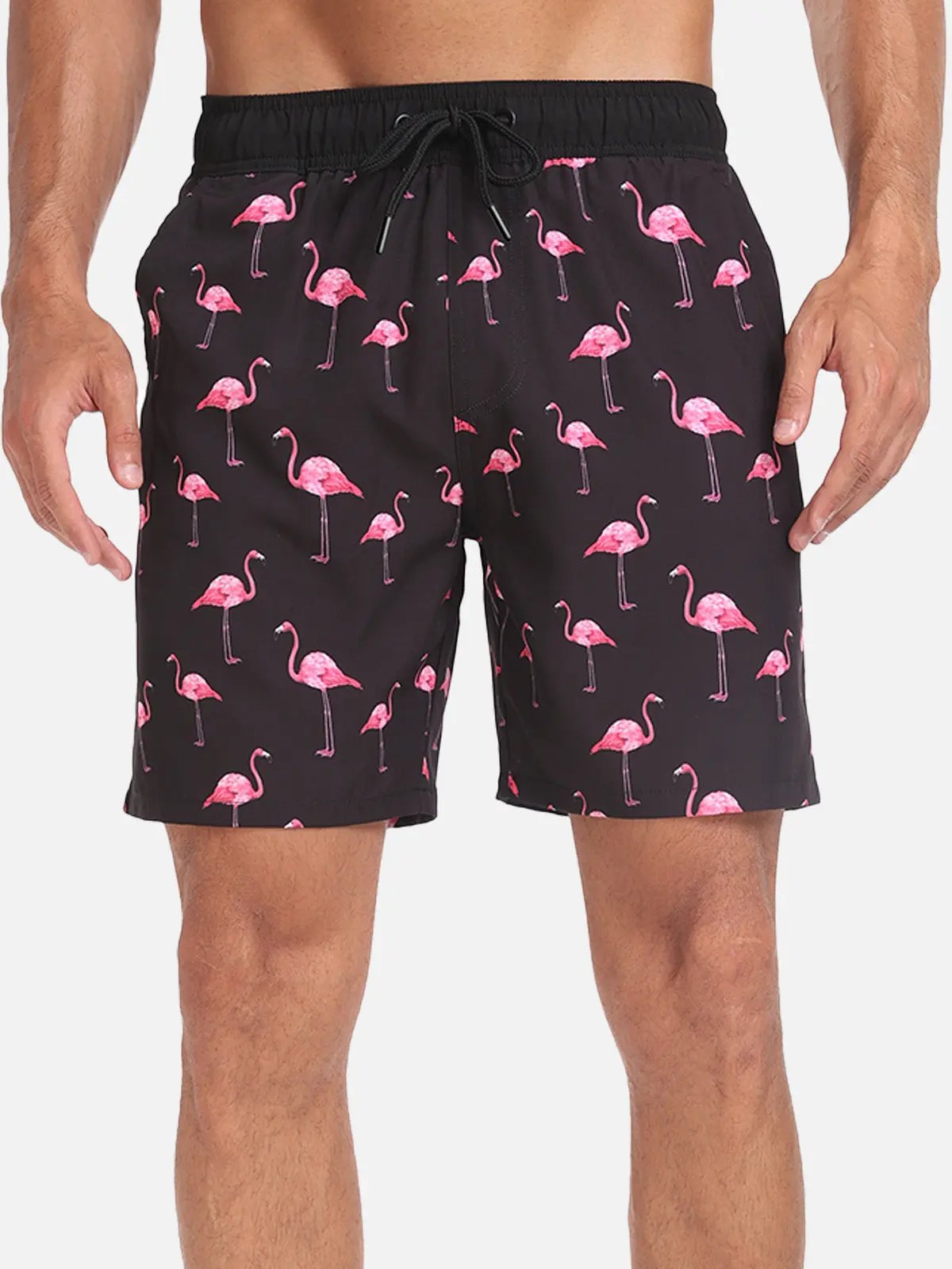 Momount Men Swim Shorts – Flamingo Print Drawstring Beach Summer