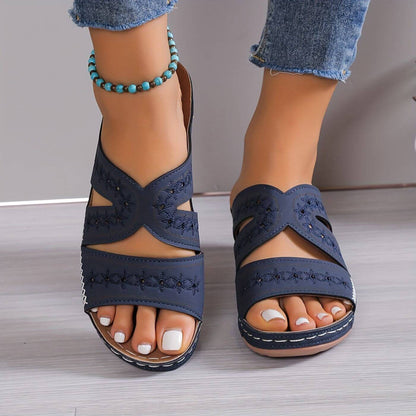 Momount | Seraphina Women's Leather Sandals | Perforated Wedge Platform | Comfortable Open Toe Summer Casual Slides