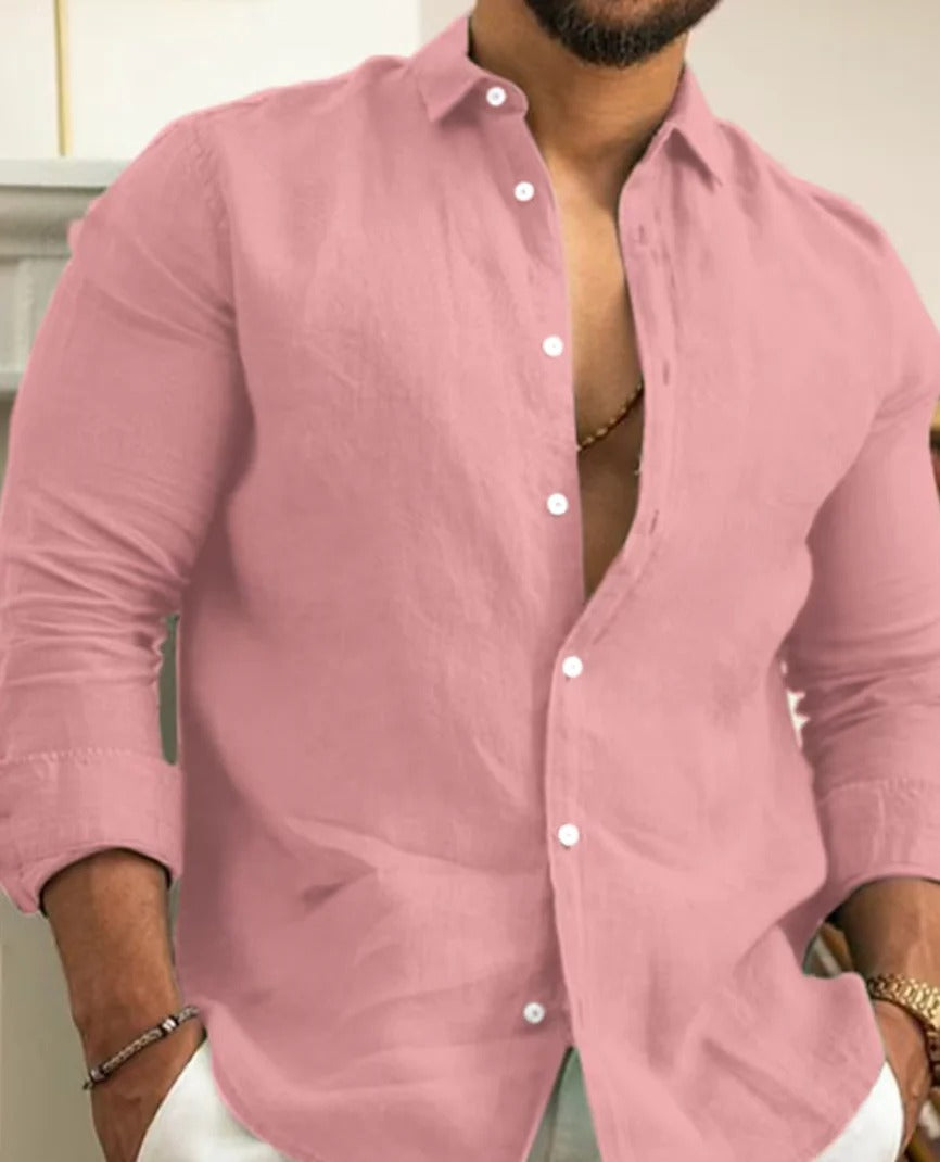 Momount Men Linen Shirt – Long Sleeve Band Collar Button Up Classic