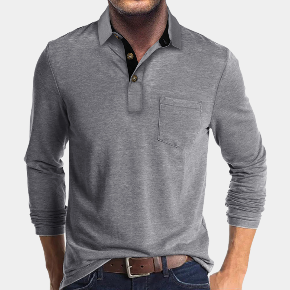 Momount Men Long Sleeve Polo Shirt – Contrast Collar Pocket Classic Fit