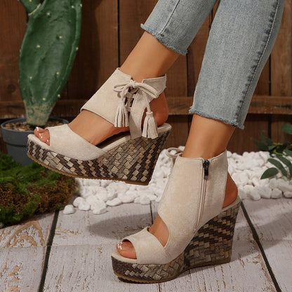 Momount Women Wedge Sandals – Woven Suede Bow High Platform Boho