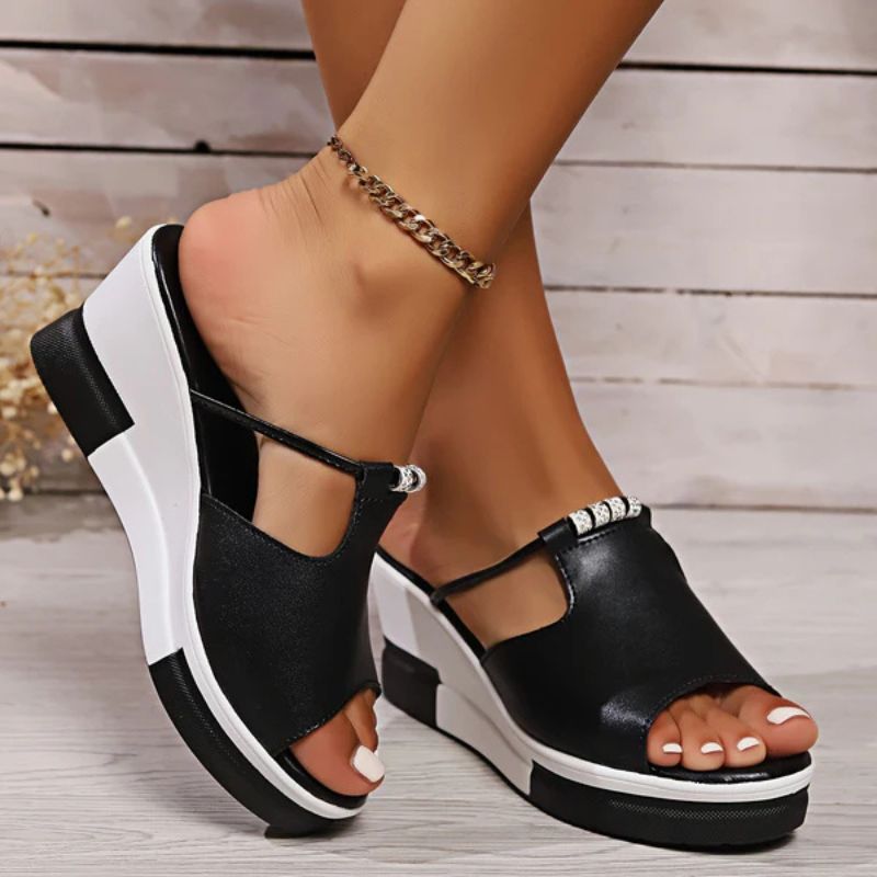 Momount Women Wedge Sandals – Leather T-Bar Cutout Peep-Toe Platform Slide