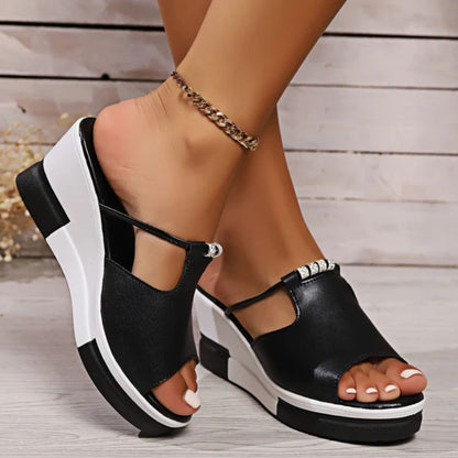 Momount Women Wedge Sandals – Leather T-Bar Cutout Peep-Toe Platform Slide