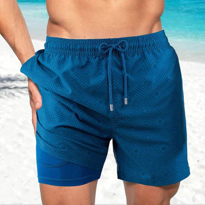 Momount Men Swim Shorts – Tropical Leaf Print Phone Pocket Mesh Liner