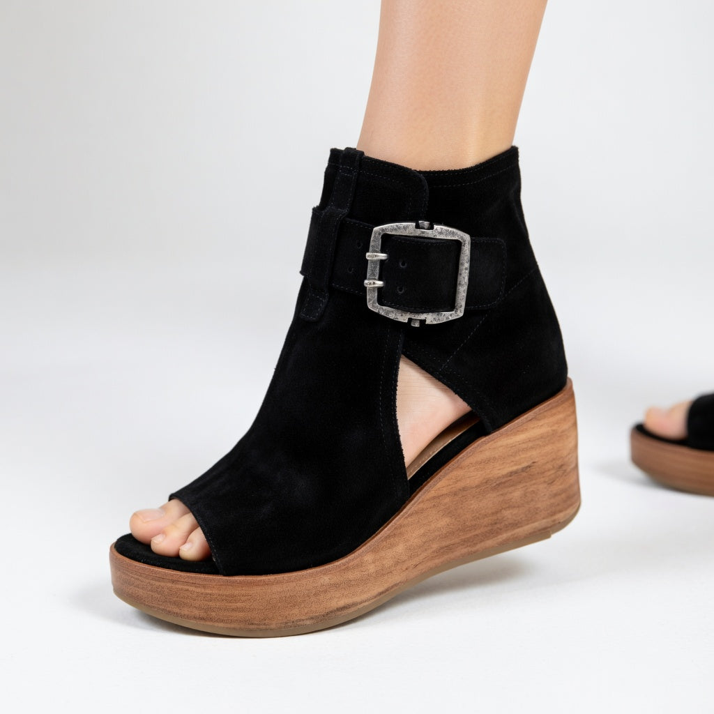 Momount Women Wedge Sandals – Suede Ankle Cuff Buckle Wooden Platform Peep-Toe