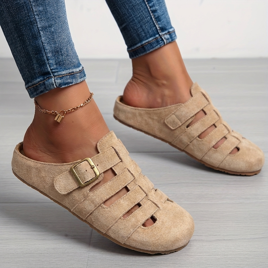 Momount Women Closed-Toe Clog Mules – Suede Caged Buckle Slip-On Cork Footbed