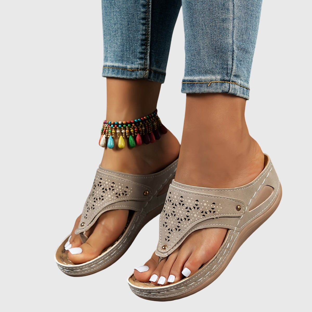 Momount Women Thong Wedge Sandals – Leather Laser-Cut Slide Toe-Post Low Heel