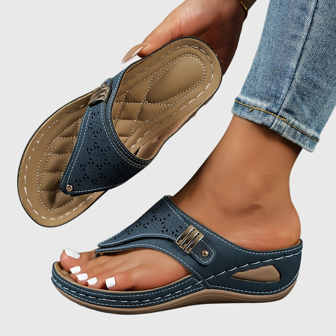 Momount Women Thong Wedge Sandals – Leather Laser-Cut Slide Toe-Post Low Heel