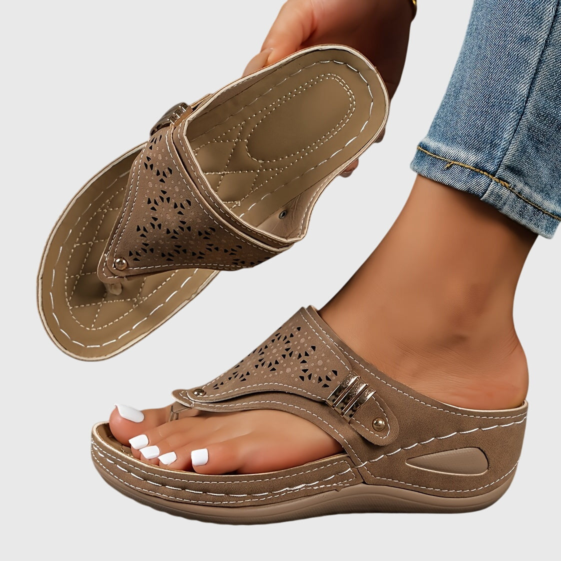 Momount Women Thong Wedge Sandals – Leather Laser-Cut Slide Toe-Post Low Heel