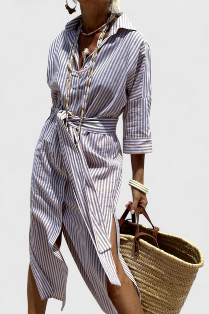 Momount Women’s Shirt Midi Dress – Striped Long Sleeve Casual Summer Beach Dress