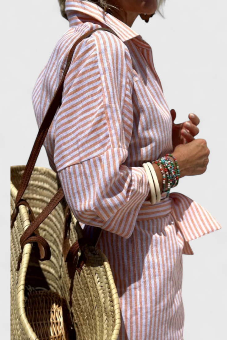 Momount Women’s Shirt Midi Dress – Striped Long Sleeve Casual Summer Beach Dress