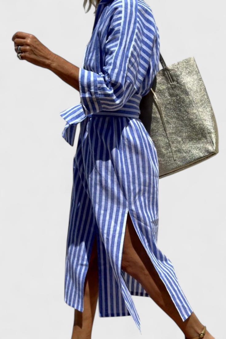 Momount Women’s Shirt Midi Dress – Striped Long Sleeve Casual Summer Beach Dress