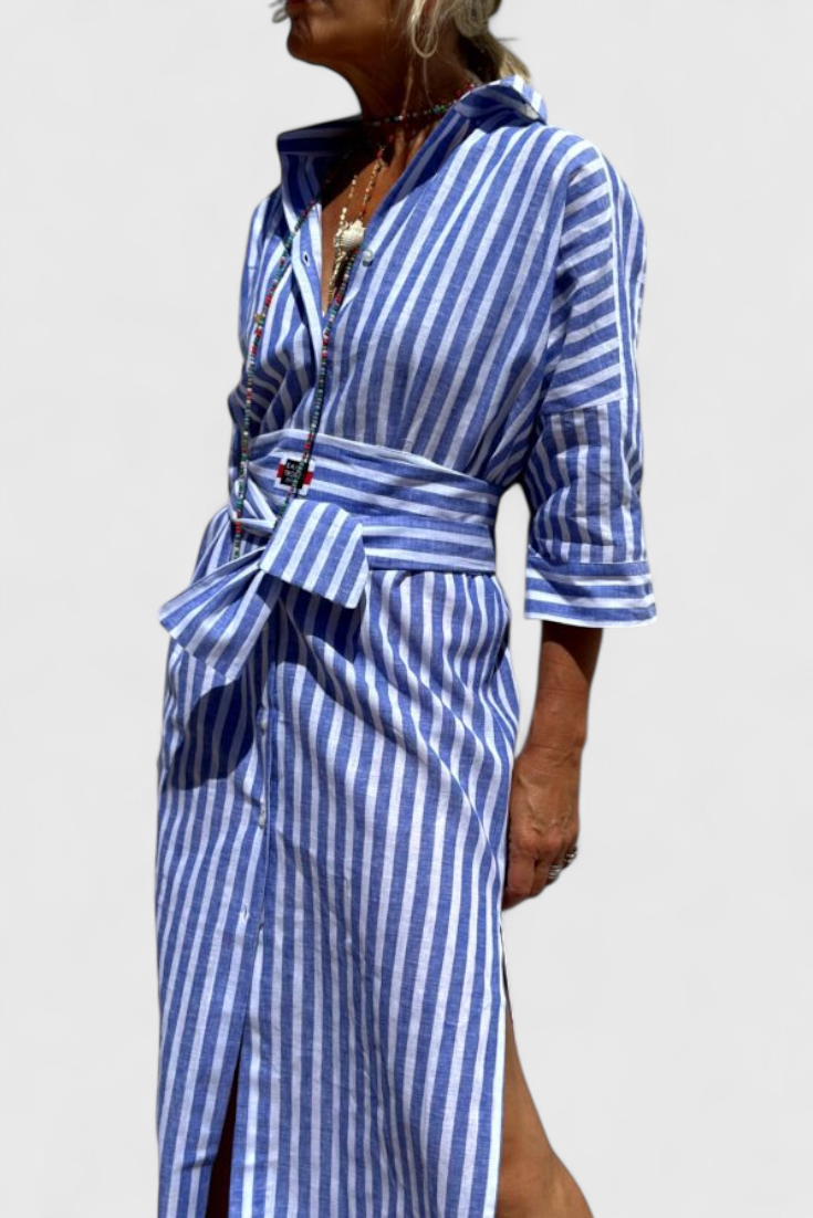 Momount Women’s Shirt Midi Dress – Striped Long Sleeve Casual Summer Beach Dress