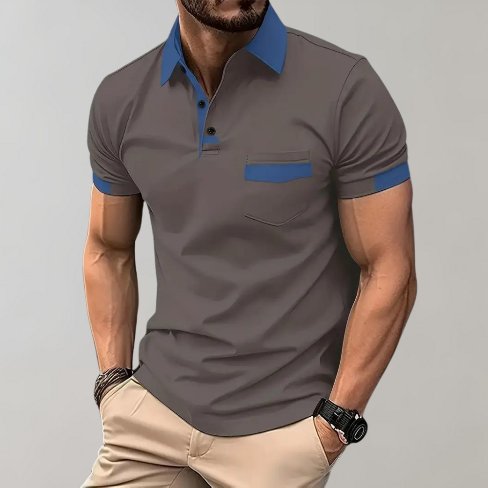 Momount Men Polo Shirt – Two Tone Contrast Collar Pocket Short Sleeve