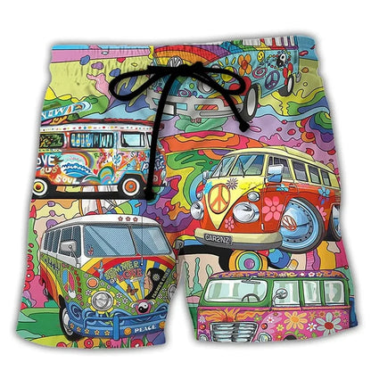 Momount Men Swim Shorts – Hippie Van Graphic Print Drawstring Summer