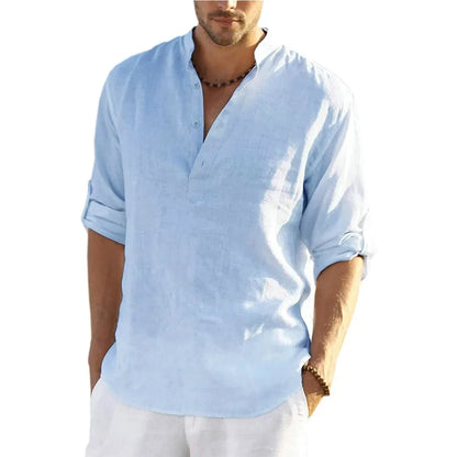 Momount Men Linen Henley Shirt – Long Sleeve Band Collar Casual