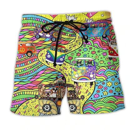 Momount Men Swim Shorts – Hippie Van Graphic Print Drawstring Summer