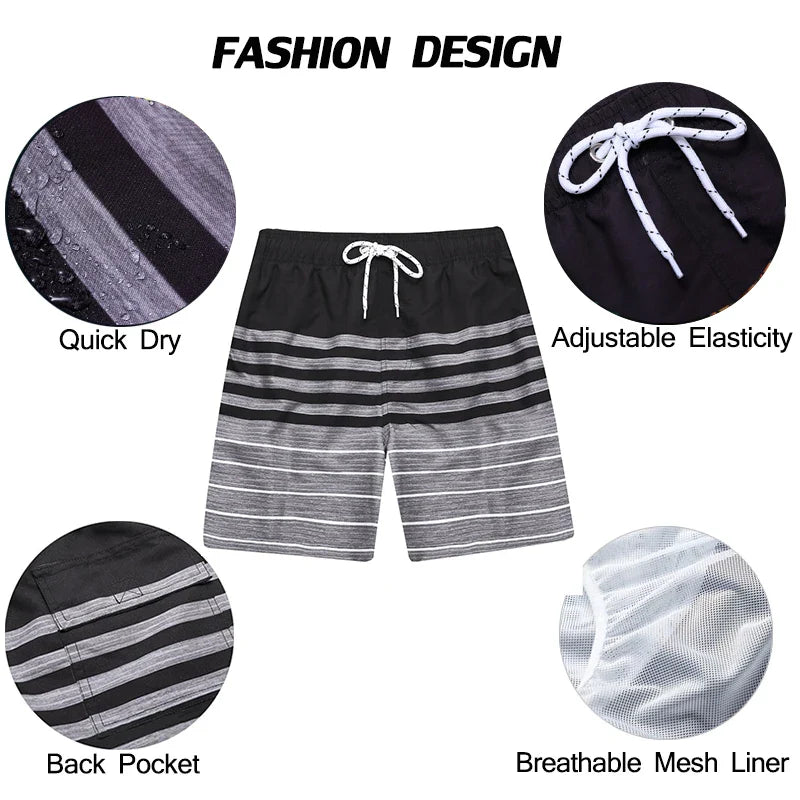 Momount Men Swim Shorts – Striped Drawstring Quick Dry Summer Beach