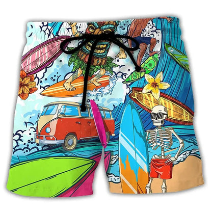 Momount Men Swim Shorts – Hippie Van Graphic Print Drawstring Summer