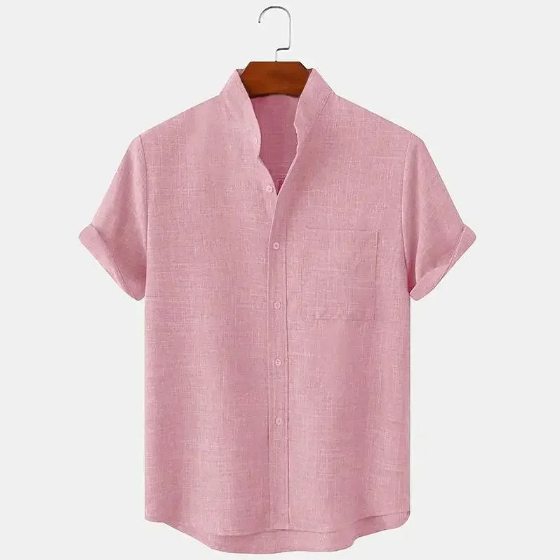 Momount Men Linen Shirt – Short Sleeve Band Collar Chest Pocket Summer