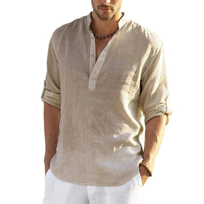 Momount Men Linen Henley Shirt – Long Sleeve Band Collar Casual