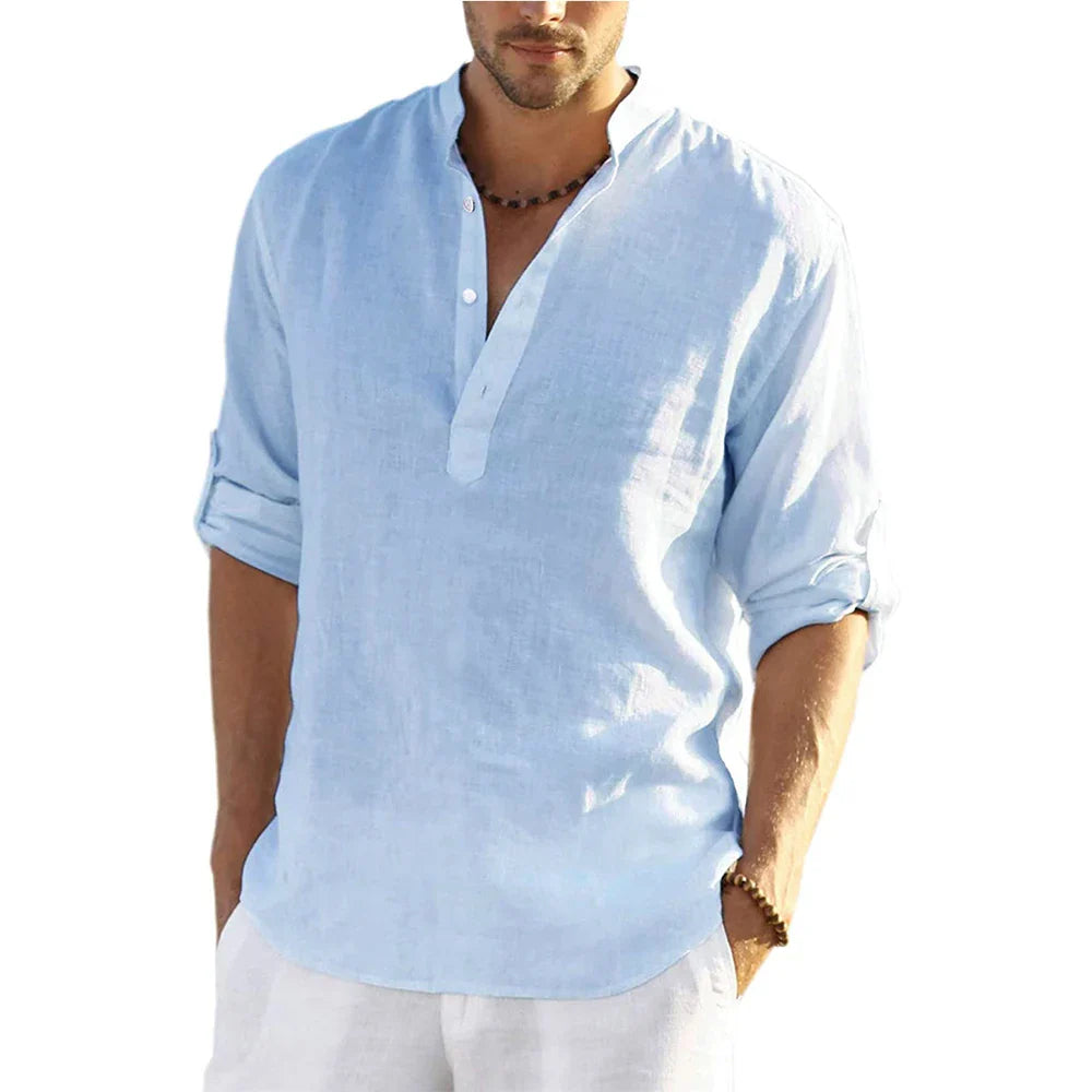 Momount Men Linen Henley Shirt – Long Sleeve Band Collar Casual