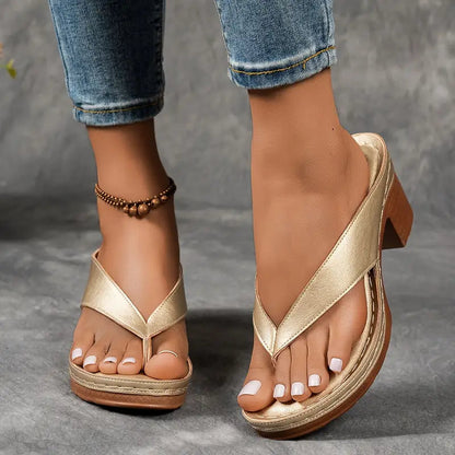 Momount Women Heeled Thong Sandals – Leather Block Heel Toe-Post Cushioned Footbed